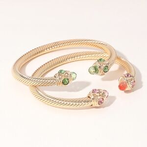 Gold 2 Piece Stone Tip Twist Rope Cable Cuff Bracelet Bangle Textured Metal